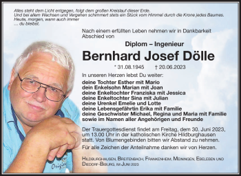 Traueranzeige von Bernhard Josef Dölle von Südthüringer Presse