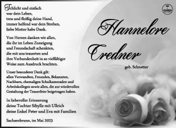 Traueranzeige von Hannelore Credner von Südthüringer Presse