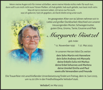 Traueranzeige von Margarete Güntzel von Südthüringer Presse