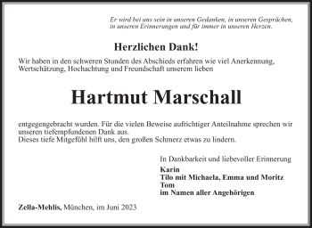 Traueranzeige von Hartmut Marschall von Südthüringer Presse