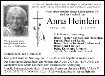 Traueranzeige von Anna Heinlein von Neue Presse Coburg