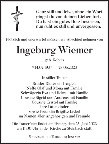 Traueranzeige von Ingeburg Wiemer von Südthüringer Presse