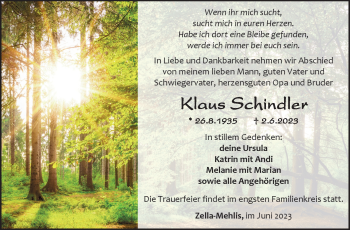 Traueranzeige von Klaus Schindler von Südthüringer Presse
