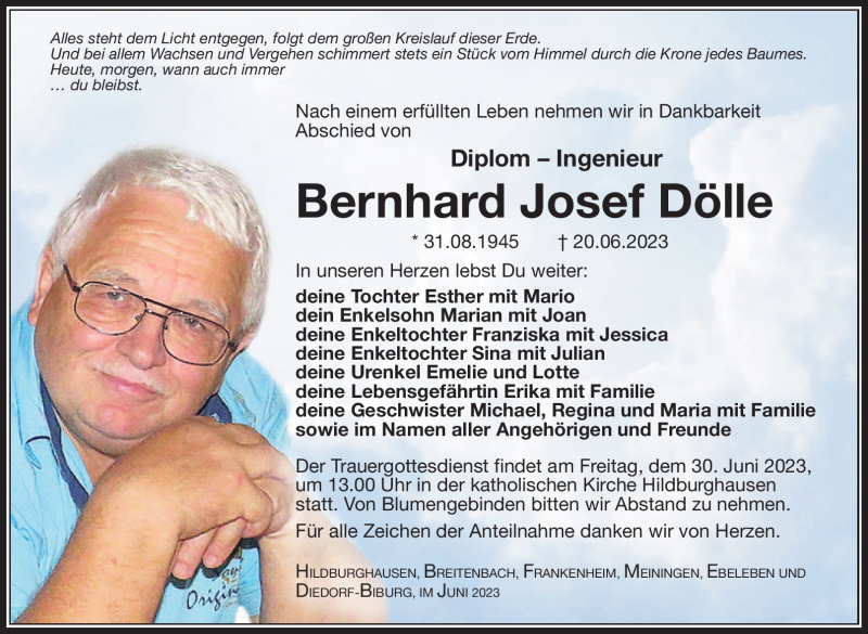  Traueranzeige für Bernhard Josef Dölle vom 24.06.2023 aus Südthüringer Presse