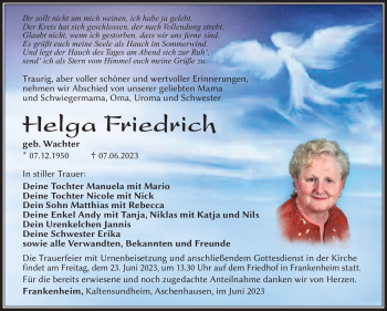 Traueranzeige von Helga Friedrich von Südthüringer Presse