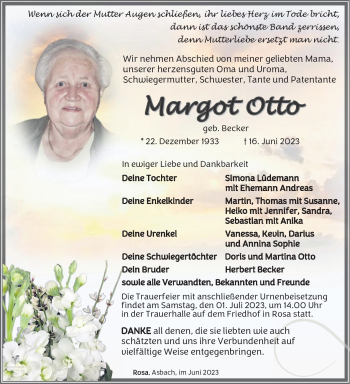 Traueranzeige von Margot Otto von Südthüringer Presse
