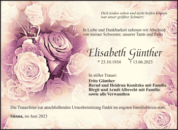 Traueranzeige von Elisabeth Günther von Südthüringer Presse
