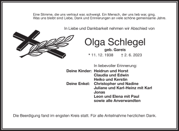 Traueranzeige von Olga Schlegel von Frankenpost
