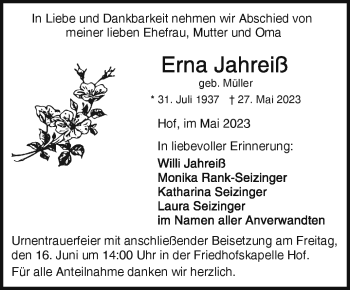 Traueranzeige von Erna Jahreiß von Frankenpost