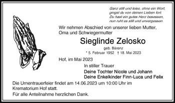 Traueranzeige von Sieglinde Zelosko von Frankenpost