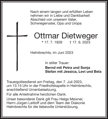 Traueranzeige von Ottmar Dietweger von Frankenpost
