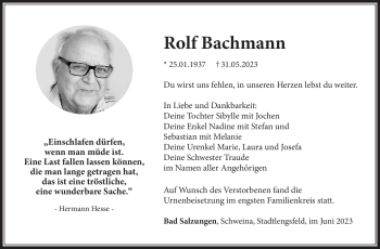 Traueranzeige von Rolf Bachmann von Südthüringer Presse