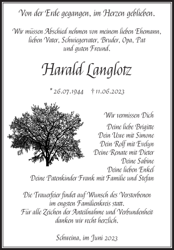 Traueranzeige von Harald Langlotz von Südthüringer Presse