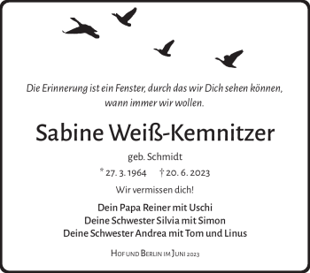 Traueranzeige von Sabine WeißKemnitzer von Frankenpost