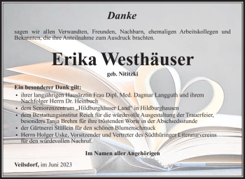 Traueranzeige von Erika Westhäuser von Südthüringer Presse