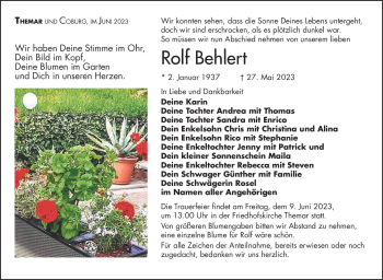Traueranzeige von Rolf Behlert von Südthüringer Presse