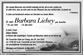 Traueranzeige von Barbara Lichey von Südthüringer Presse