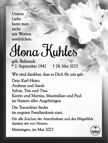 Traueranzeige von Ilona Kuhles von Südthüringer Presse