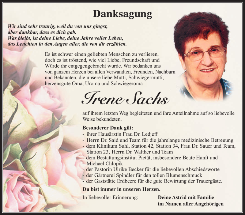  Traueranzeige für Irene Sachs vom 10.06.2023 aus Südthüringer Presse