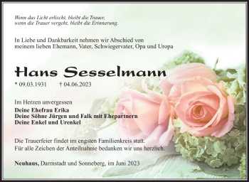 Traueranzeige von Hans Sesselmann von Südthüringer Presse