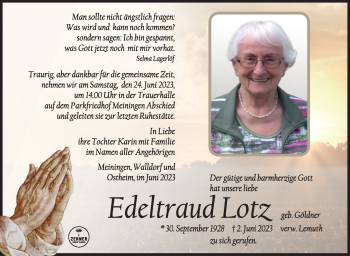 Traueranzeige von Edeltraud Lotz von Südthüringer Presse
