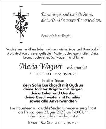 Traueranzeige von Maria Wagner von Südthüringer Presse