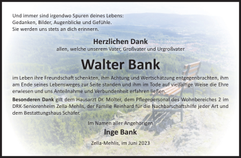Traueranzeige von Walter Bank von Südthüringer Presse