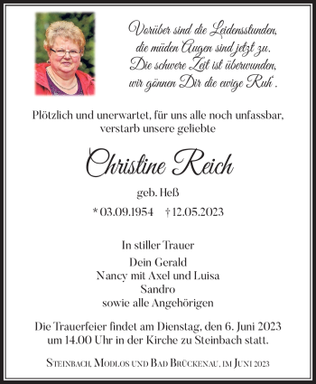 Traueranzeige von Christine Reich von Südthüringer Presse