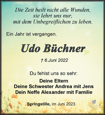 Traueranzeige von Udo Büchner von Südthüringer Presse