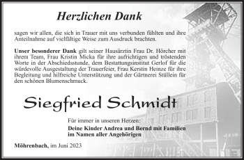 Traueranzeige von Siegfried Schmidt von Südthüringer Presse