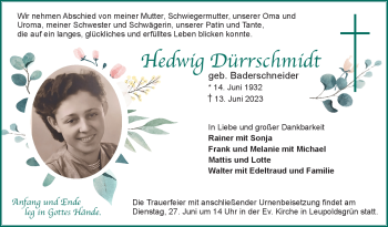 Traueranzeige von Hedwig Dürrschmidt von Frankenpost