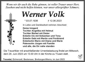 Traueranzeige von Werner Volk von Südthüringer Presse