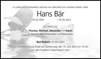 Traueranzeige von Hans Bär von Neue Presse Coburg