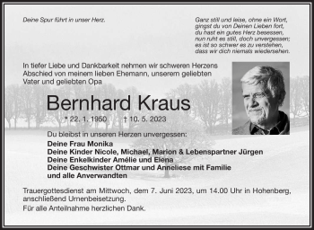 Traueranzeige von Bernhard Kraus von Frankenpost