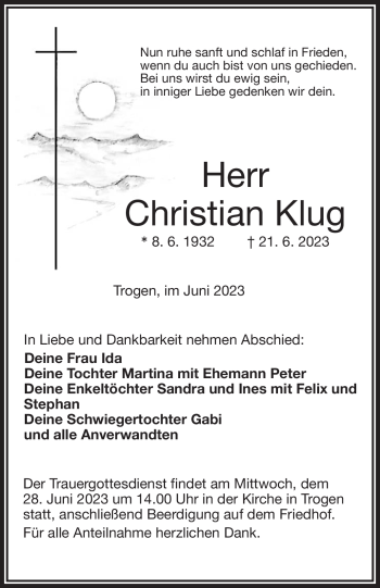 Traueranzeige von Christian Klug von Frankenpost