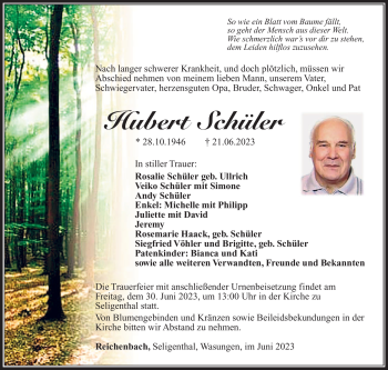 Traueranzeige von Hubert Schüler von Südthüringer Presse