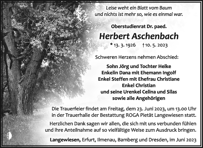  Traueranzeige für Herbert Aschenbach vom 17.06.2023 aus Südthüringer Presse