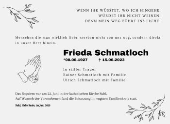 Traueranzeige von Frieda Schmatloch von Südthüringer Presse