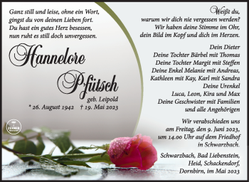 Traueranzeige von Hannelore Pfütsch von Südthüringer Presse