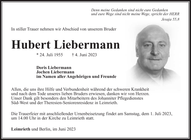  Traueranzeige für Hubert Liebermann vom 24.06.2023 aus Südthüringer Presse