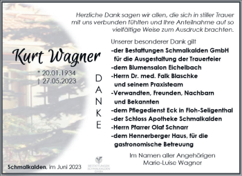 Traueranzeige von Kurt Wagner von Südthüringer Presse