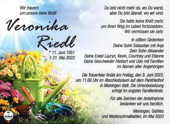 Traueranzeige von Veronika Riedl von Südthüringer Presse