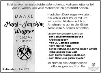 Traueranzeige von Hans-Joachim Wagner von Südthüringer Presse