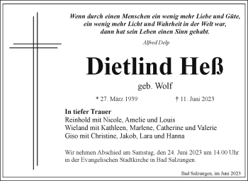 Traueranzeige von Dietlind Heß von Südthüringer Presse