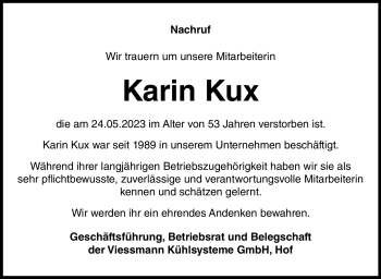 Traueranzeige von Karin Kux von Frankenpost
