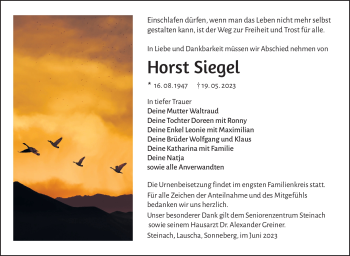 Traueranzeige von Horst Siegel von Südthüringer Presse