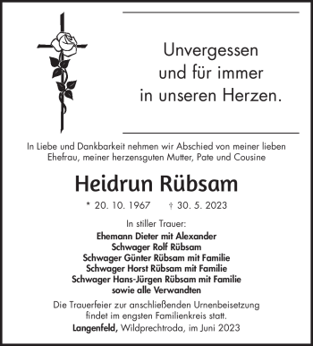 Traueranzeige von Heidrun Rübsam von Südthüringer Presse