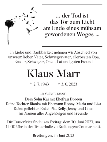 Traueranzeige von Klaus Marr von Südthüringer Presse