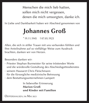 Traueranzeige von Johannes Groß von Südthüringer Presse