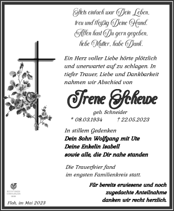 Traueranzeige von Irene Schewe von Südthüringer Presse